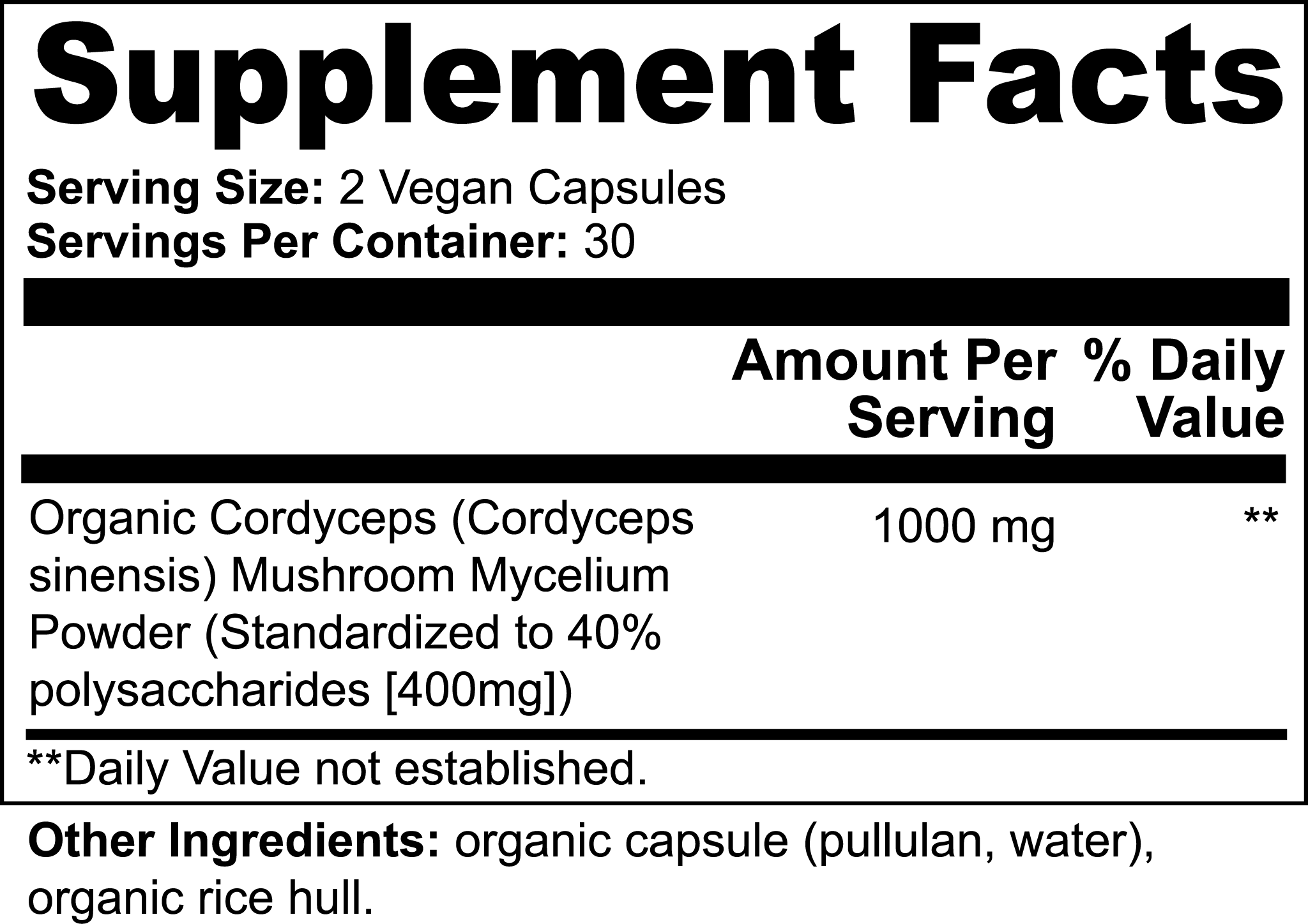 Cordyceps mushroom capsules with organic mycelium powder standardized to 40% polysaccharides