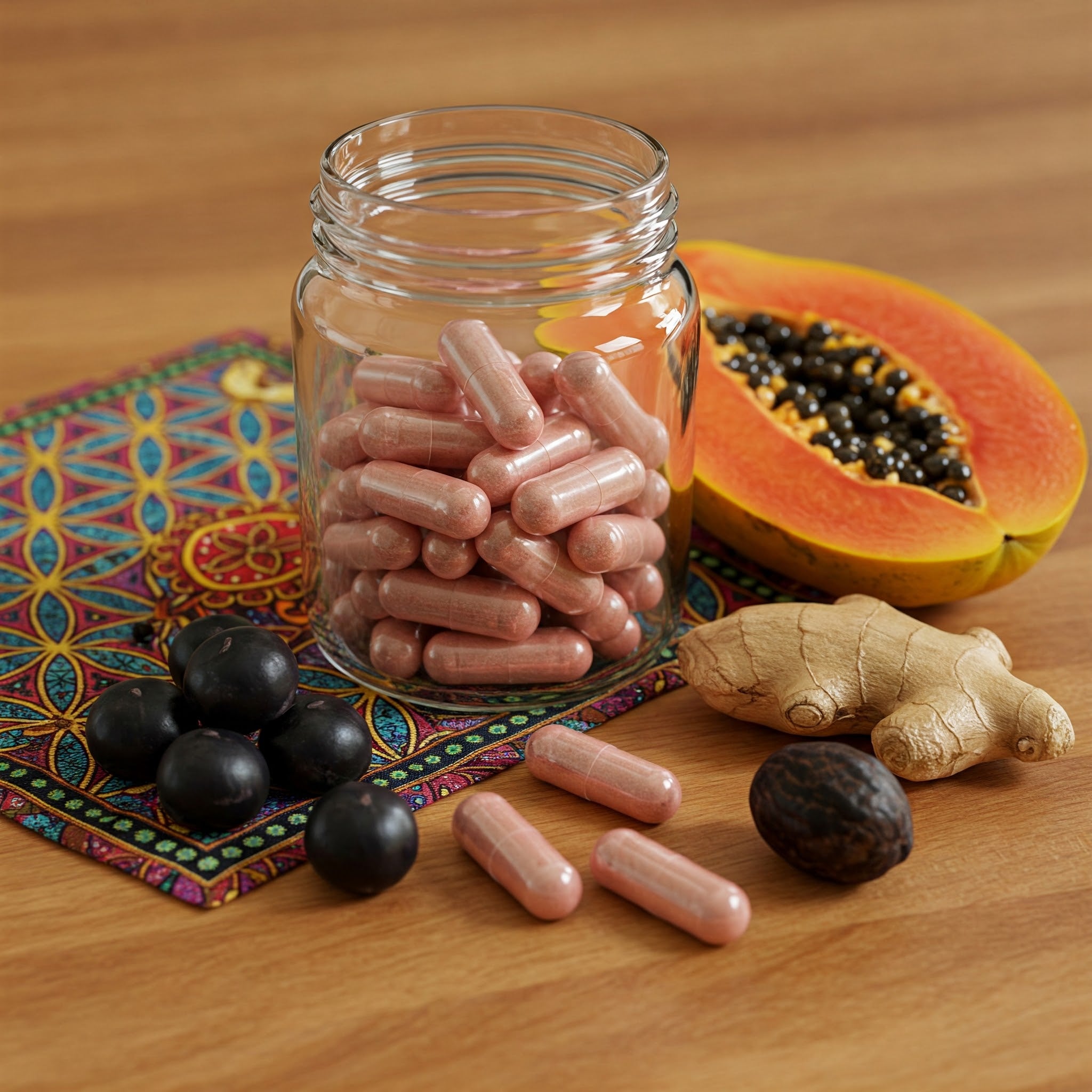 Max Detox supplement with psyllium, acai berry, inulin, aloe ferox, chlorella, black walnut, ginger, and lycopene for natural cleansing