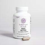 Max Detox supplement with psyllium, acai berry, inulin, aloe ferox, chlorella, black walnut, ginger, and lycopene for natural cleansing