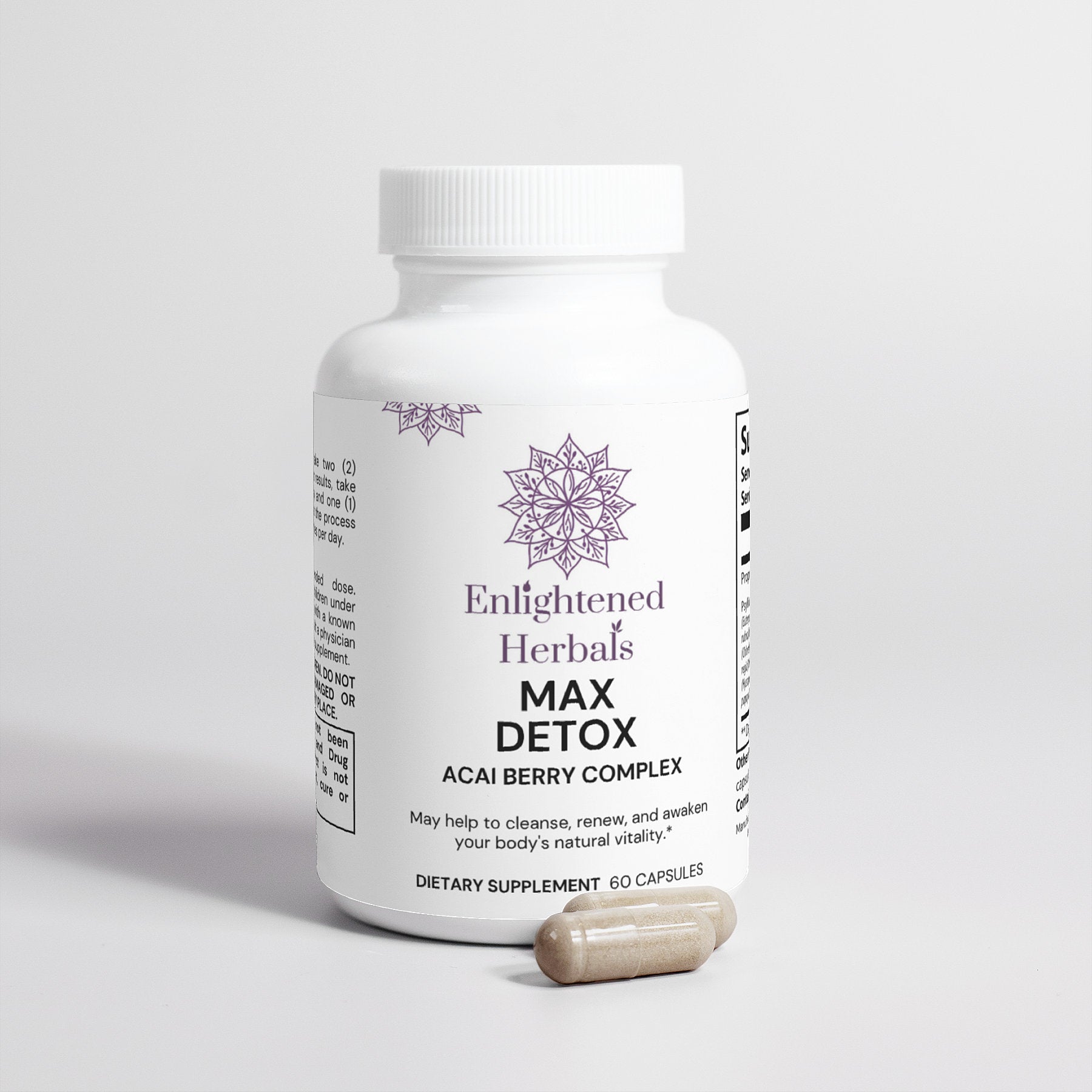 Max Detox supplement with psyllium, acai berry, inulin, aloe ferox, chlorella, black walnut, ginger, and lycopene for natural cleansing