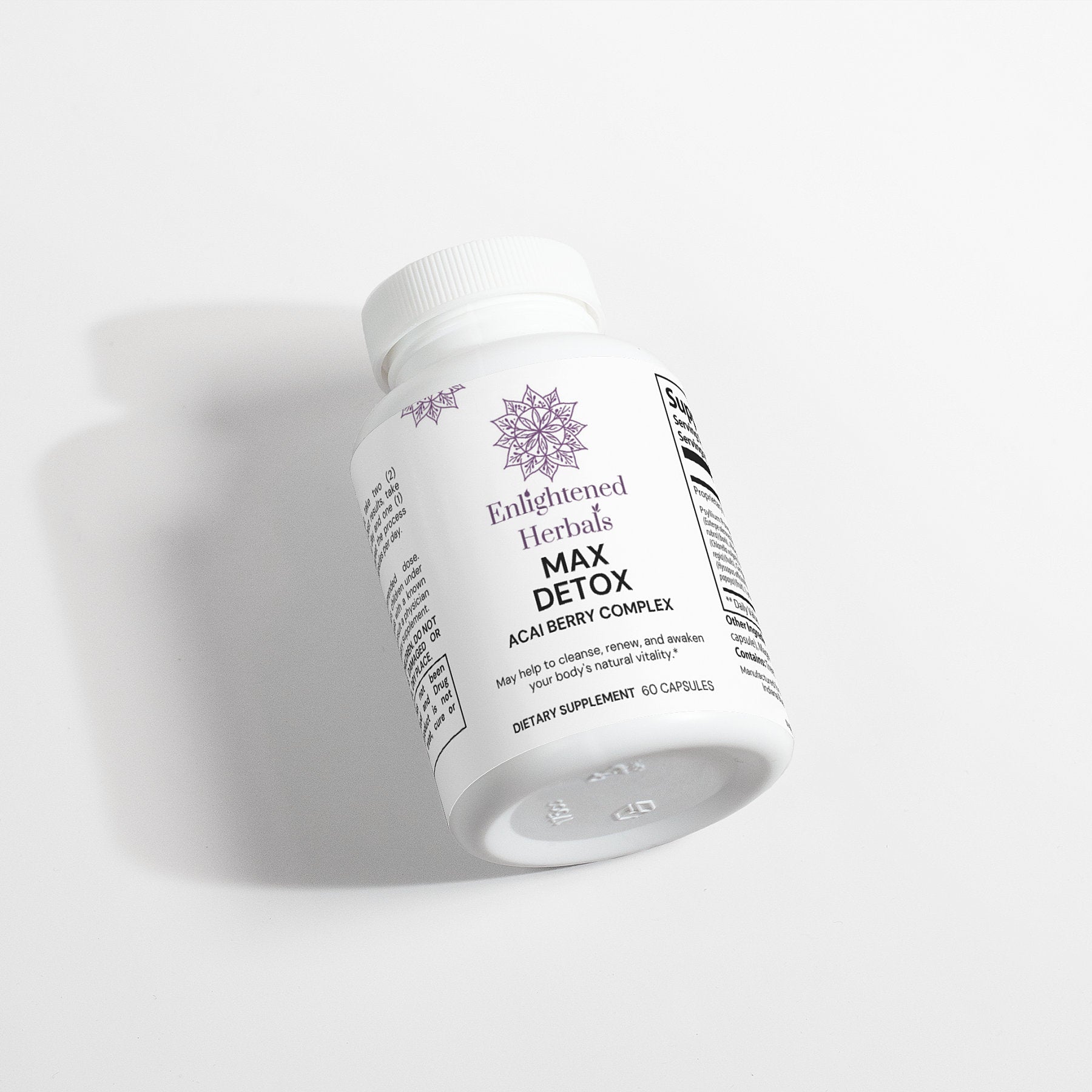 Max Detox supplement with psyllium, acai berry, inulin, aloe ferox, chlorella, black walnut, ginger, and lycopene for natural cleansing