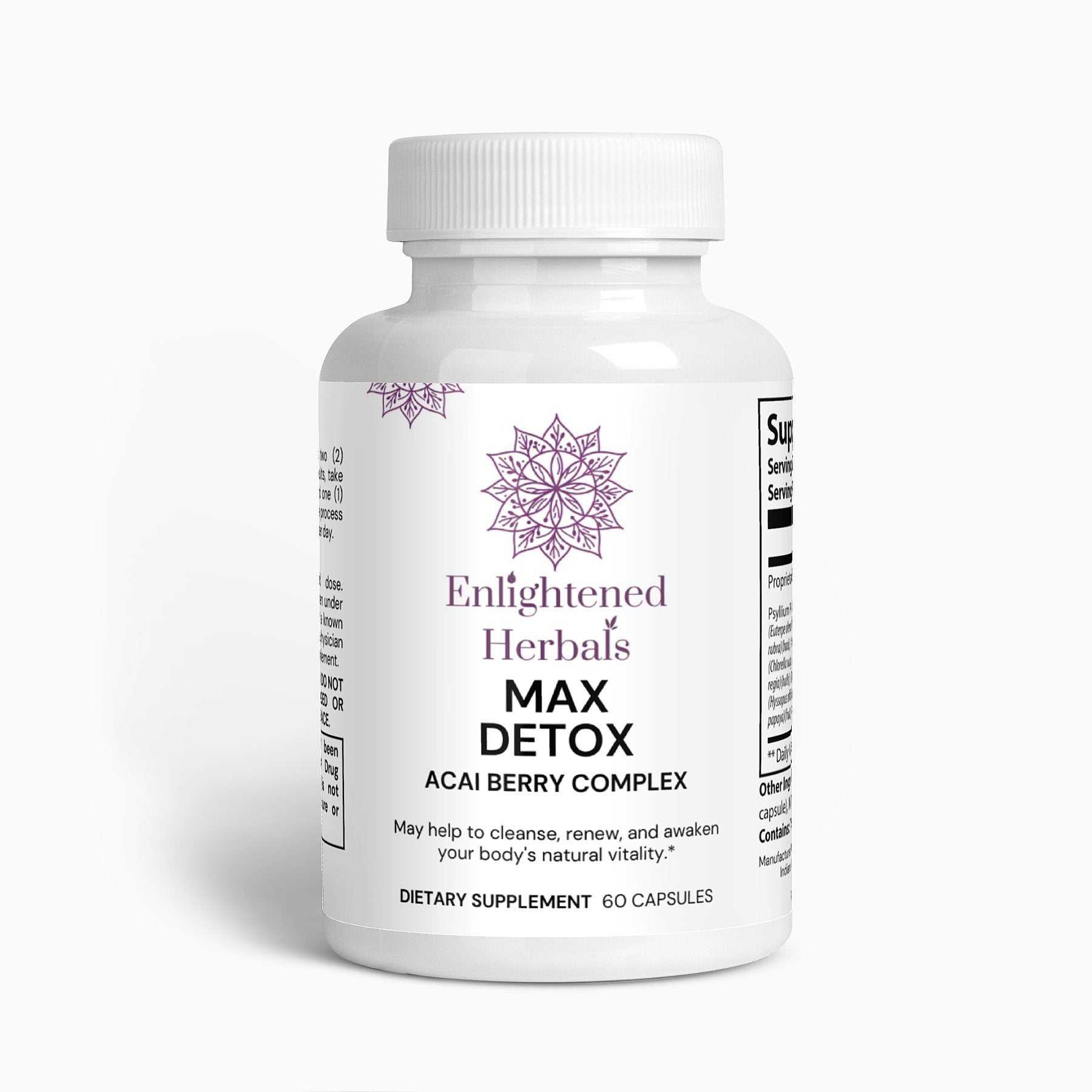 Max Detox supplement with psyllium, acai berry, inulin, aloe ferox, chlorella, black walnut, ginger, and lycopene for natural cleansing