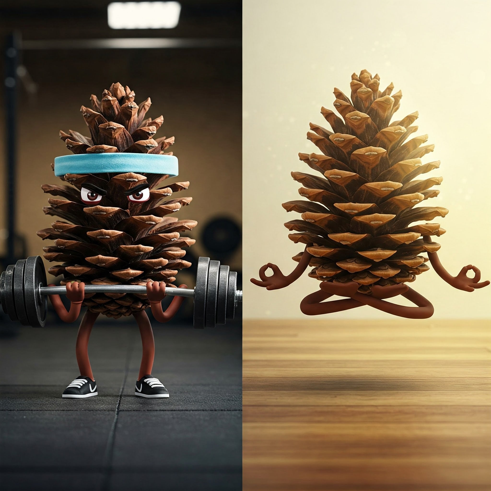 Pineal gland detox pinecone illustration with weights and meditating