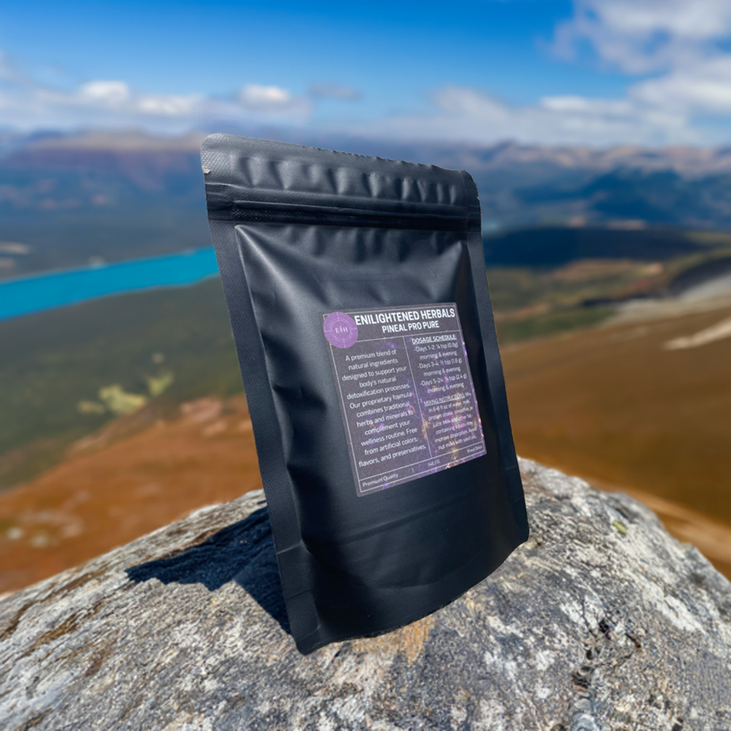 pineal gland detox supplement drink in a bag on top of a mountain