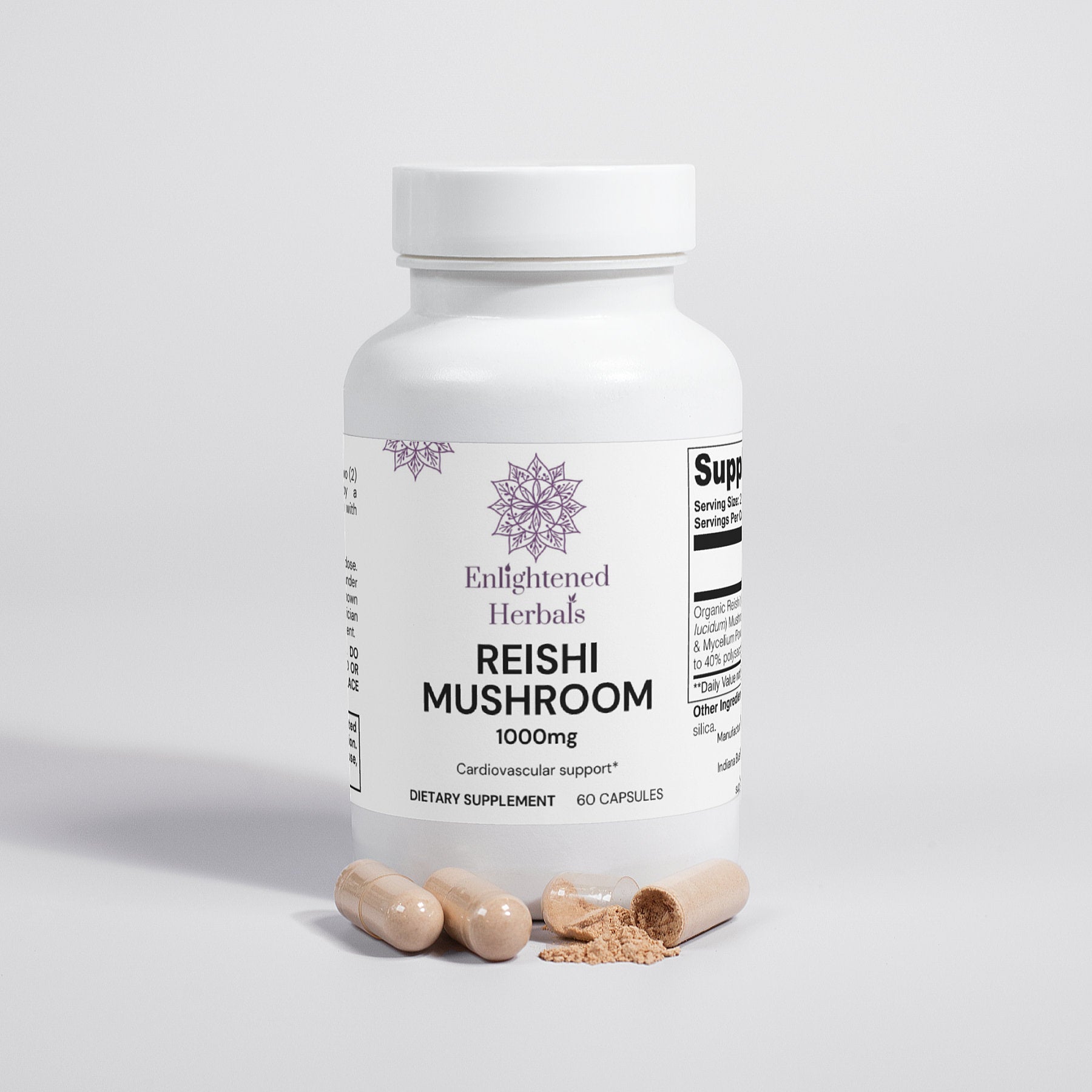 Reishi mushroom capsules with mycelium and fruiting bodies
