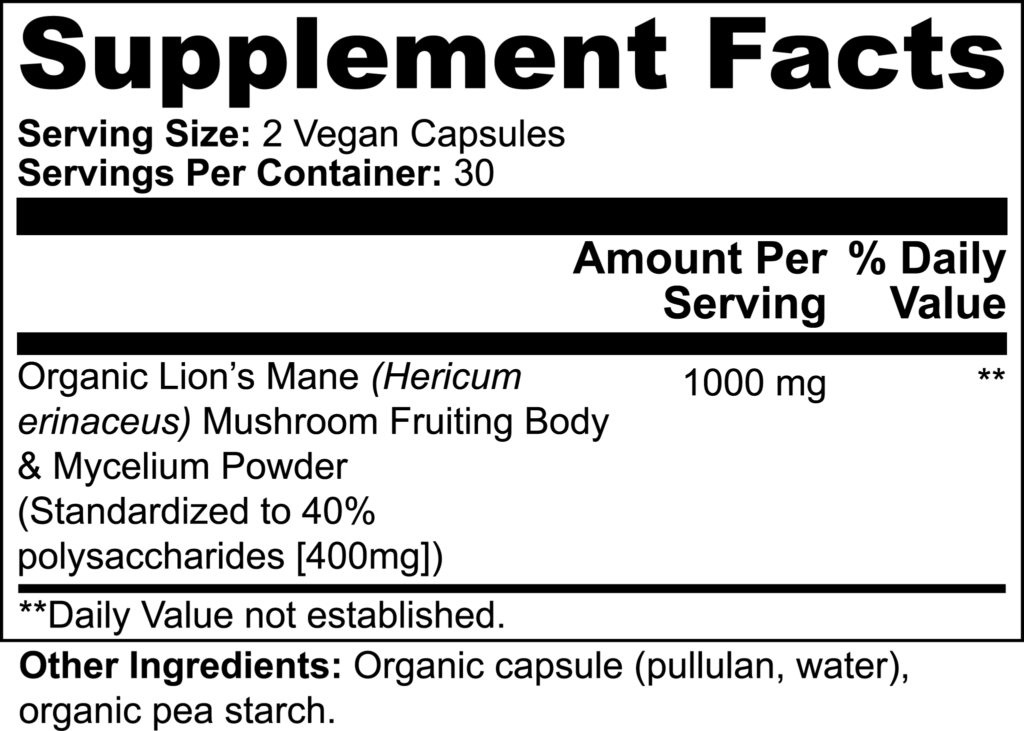 Lion’s Mane mushroom capsules with 40% polysaccharides from organic fruiting body and mycelium powder