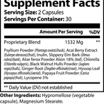 Max Detox supplement with psyllium, acai berry, inulin, aloe ferox, chlorella, black walnut, ginger, and lycopene for natural cleansing