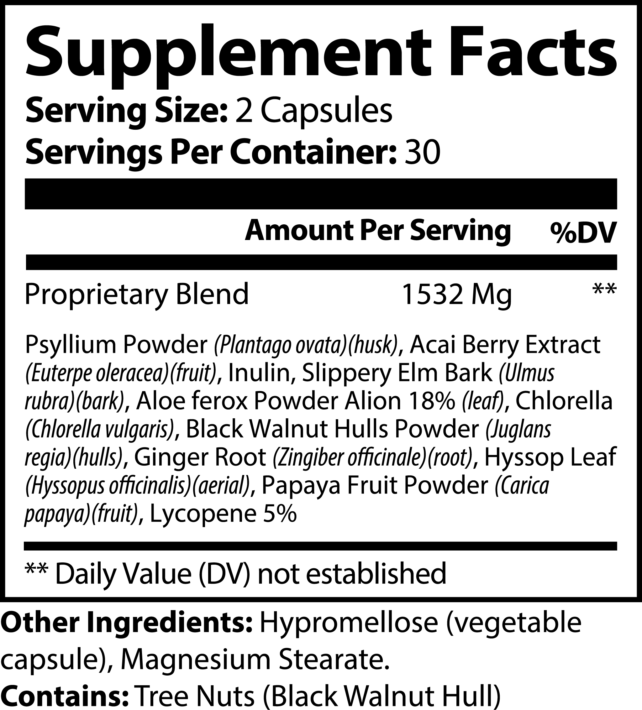 Max Detox supplement with psyllium, acai berry, inulin, aloe ferox, chlorella, black walnut, ginger, and lycopene for natural cleansing